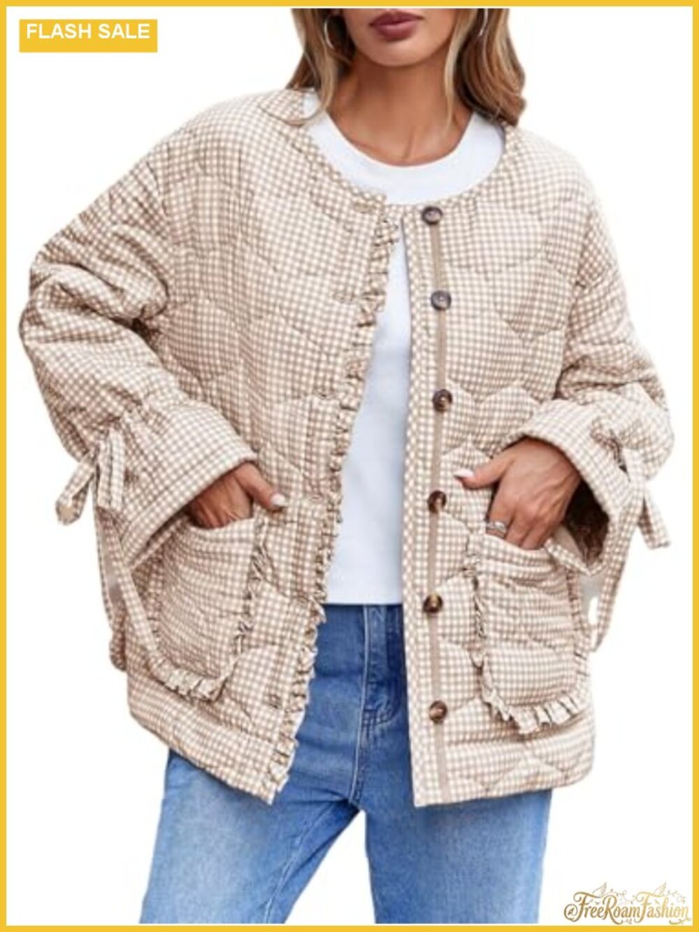 Quilted Puffer Jacket Lightweight Plaid Button Down Bow Padded Coat